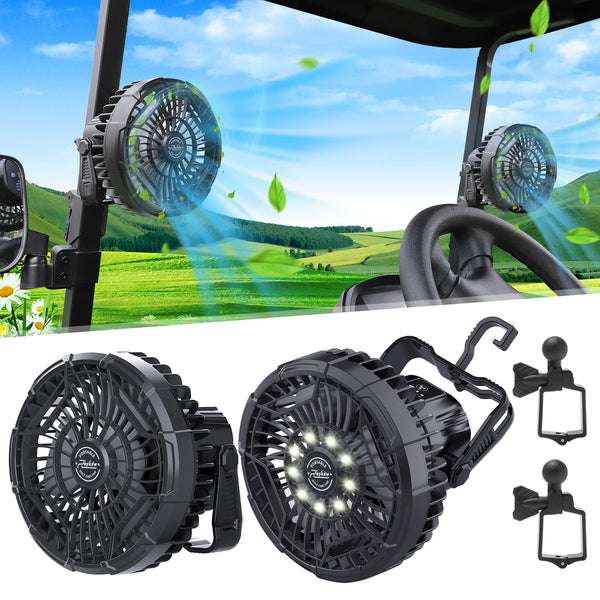 2PCS 10400mAh Portable Rechargeable Fan For EZGO Club Car Yamaha, 3-Gear Speed/LED Lantern