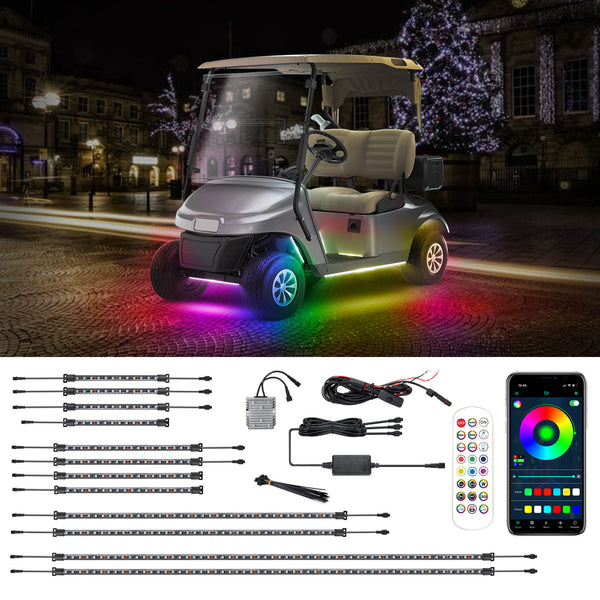 12pcs Golf Cart Underglow LED Lights Kit for EZGO Yamaha Club Car, IP68, Music Sync, 12V-80V (No Need Extra Voltage Reducer)